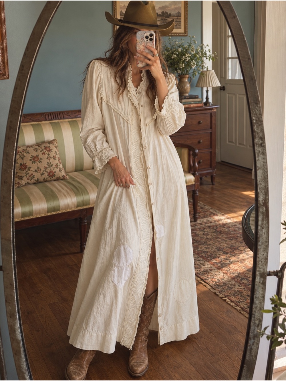 One of a Kind Vintage Pioneer Cream Long Button Nightgown Dress